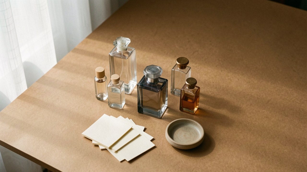 Grouping of plain unlabeled glass perfume bottles on a paper-warm table beside folded test strips