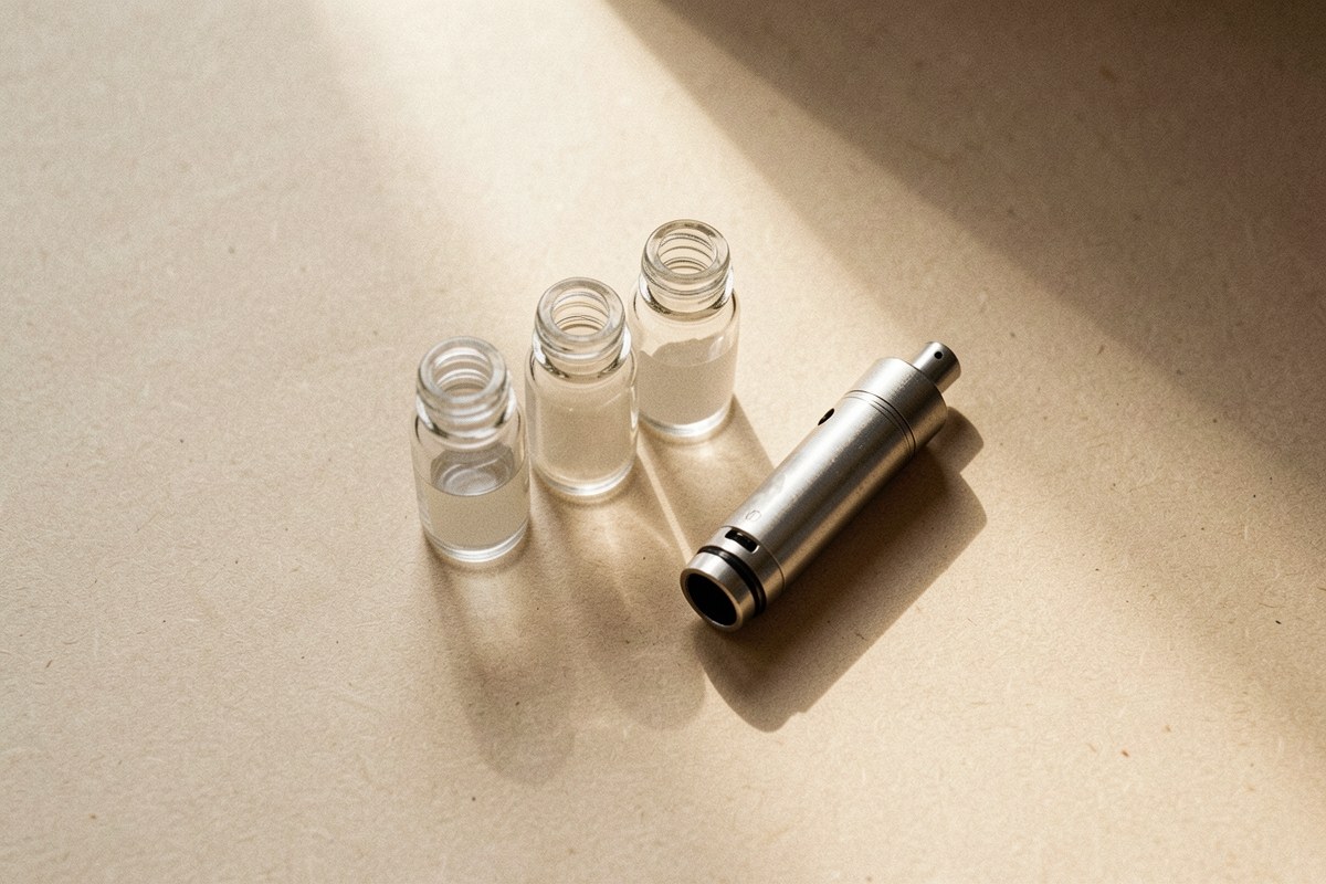 Several small unlabeled sample vials standing in a row on a paper surface with handwritten notes nearby
