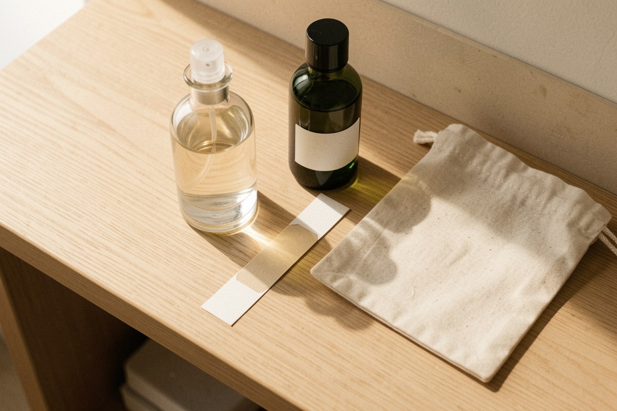 Two unlabeled glass flacons and a folded paper test strip on a shop counter beside a plain shopping pouch