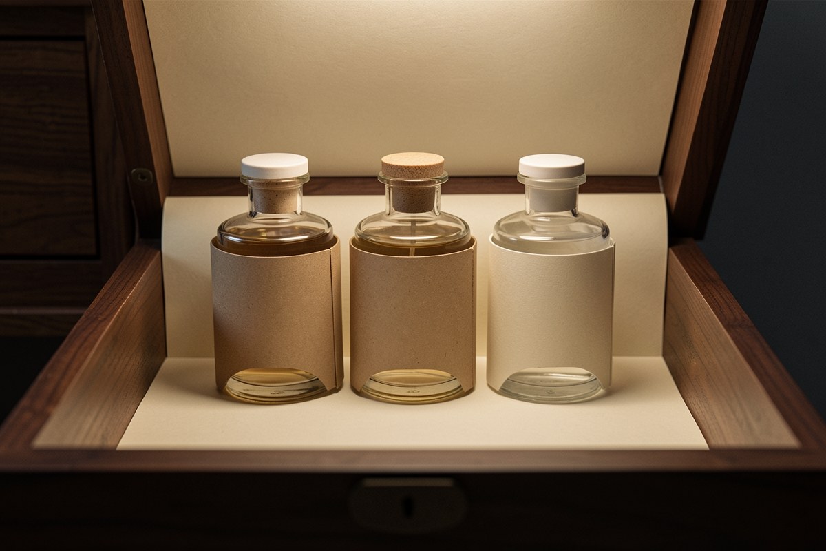 Plain unlabeled perfume bottles standing upright inside a dark wooden drawer lined with pale paper