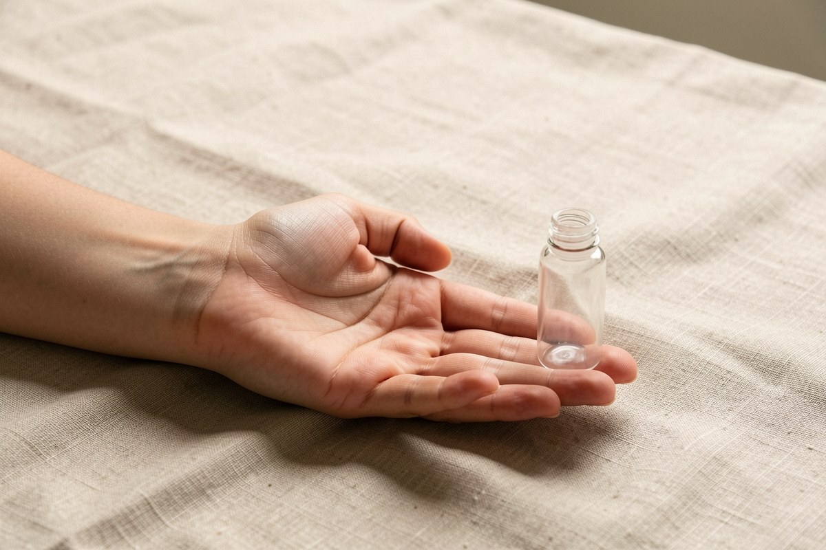 A bare forearm resting on a pale cloth with one plain unlabeled glass vial standing nearby