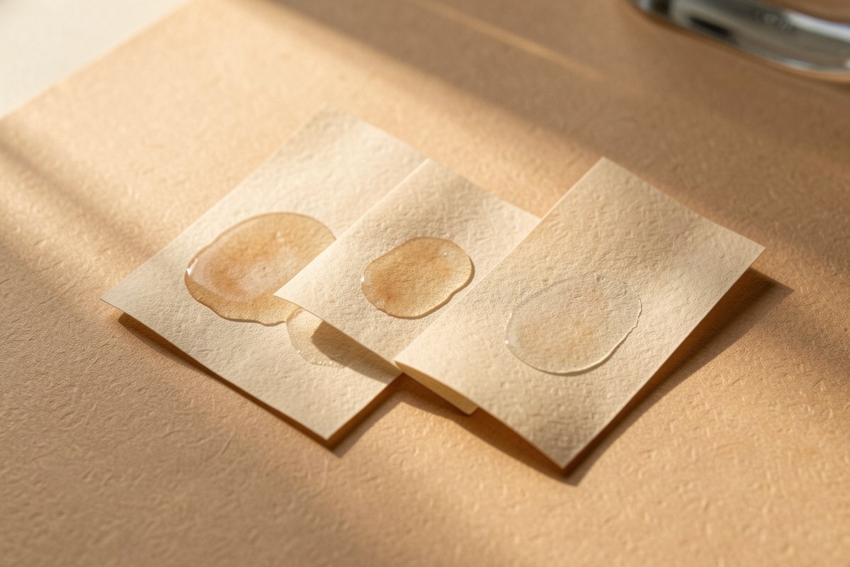 Three folded paper test strips at different angles showing the slow unfolding of a scent