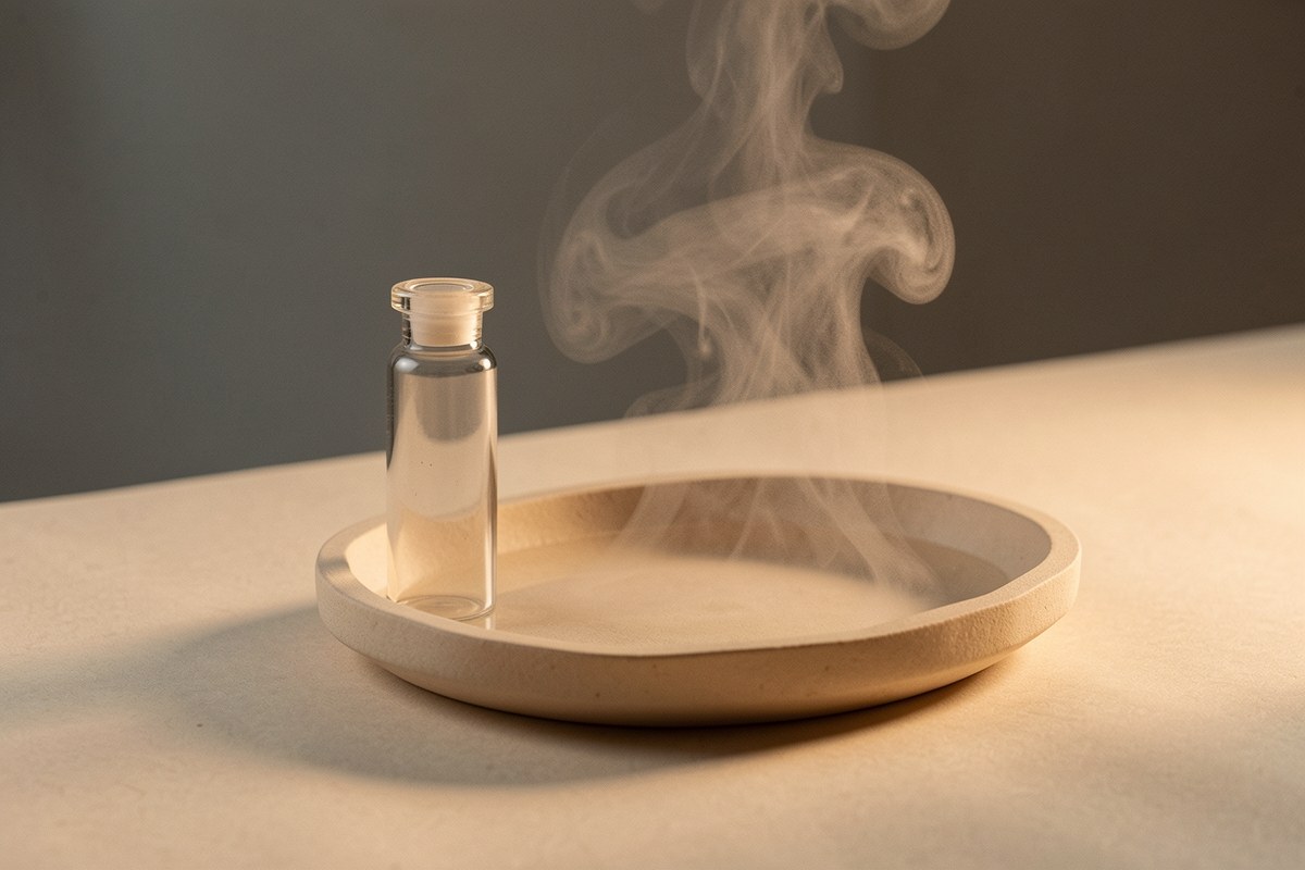 A plain glass vial resting beside a shallow dish of clear water on a warm paper surface in low light