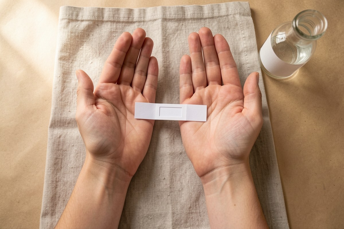 Two bare wrists held side by side above a pale surface with a folded paper strip between them