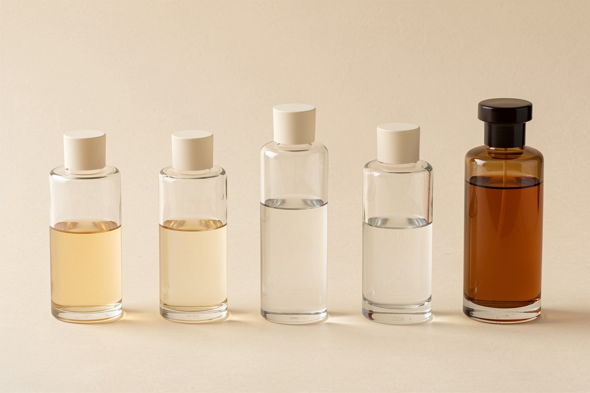 Five unlabeled glass bottles of graduated sizes in a row on a pale surface with soft light